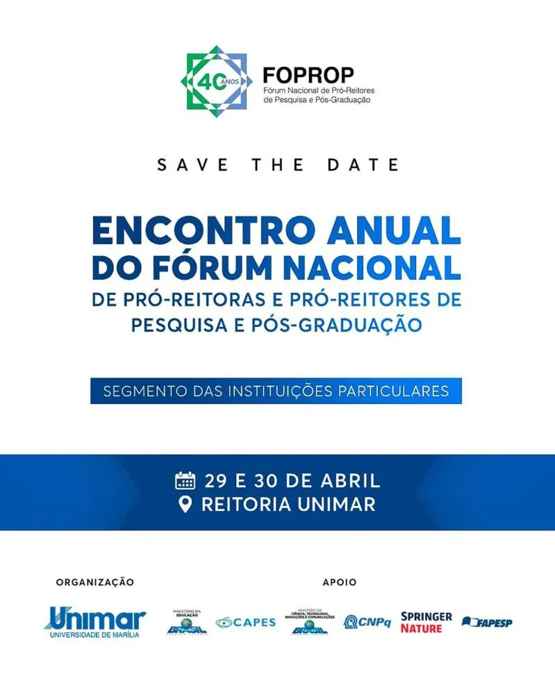 Unimar sedia Encontro Anual do FOPROP 2026: pesquisa, inovação e pós-graduação em um debate nacional