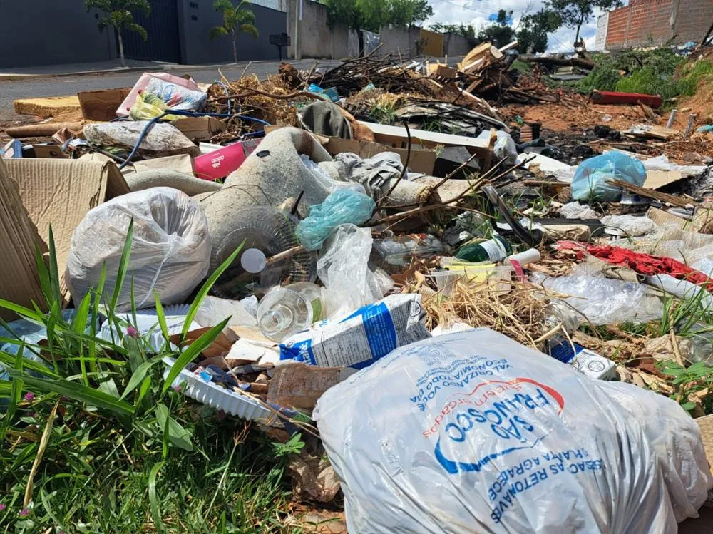 Lixo doméstico, galhos e sofás abandonados na Avenida Guiomar Novais, agravando a situação do descarte irregular na região